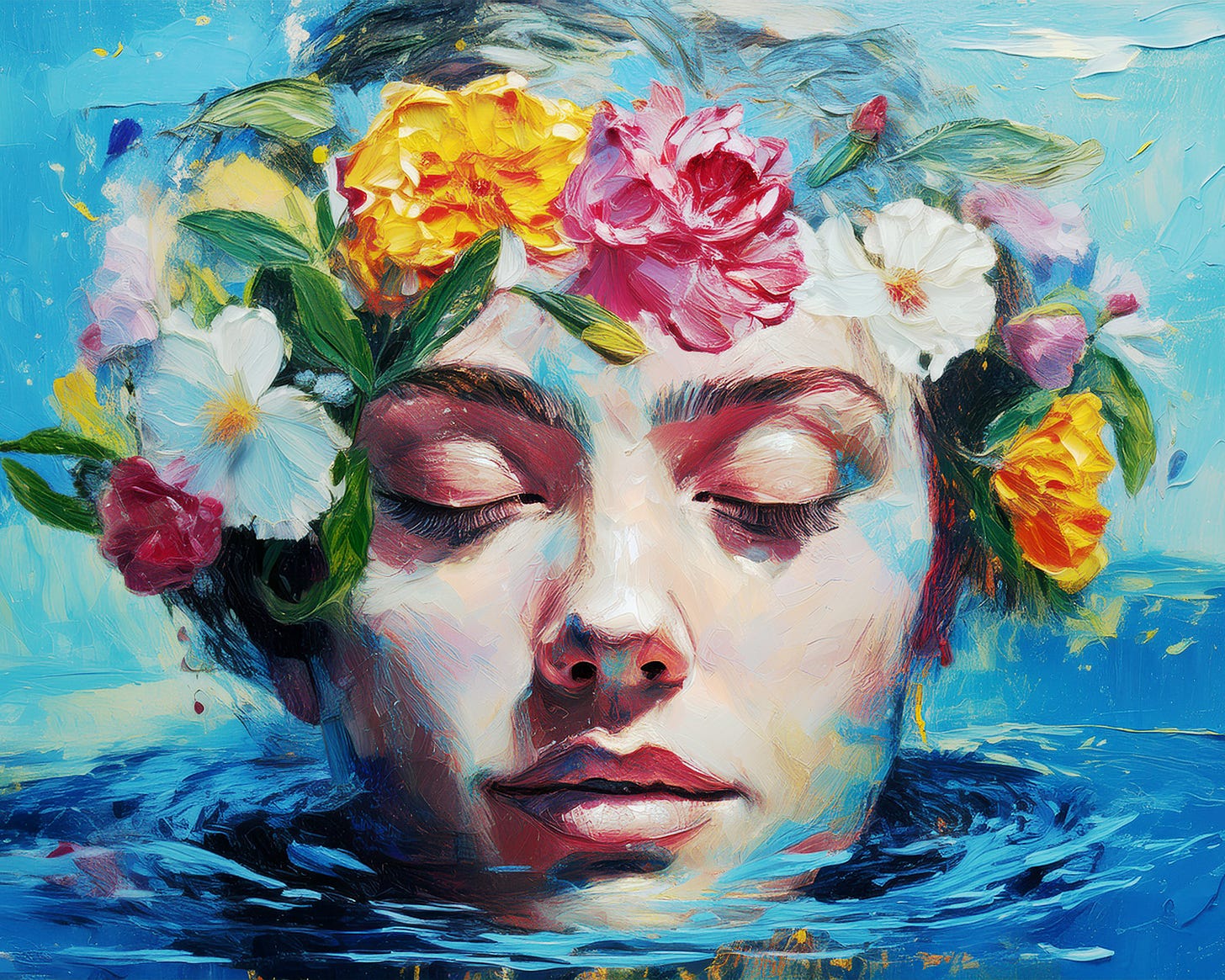 painting of woman's head, wearing a garland of flowers, in water