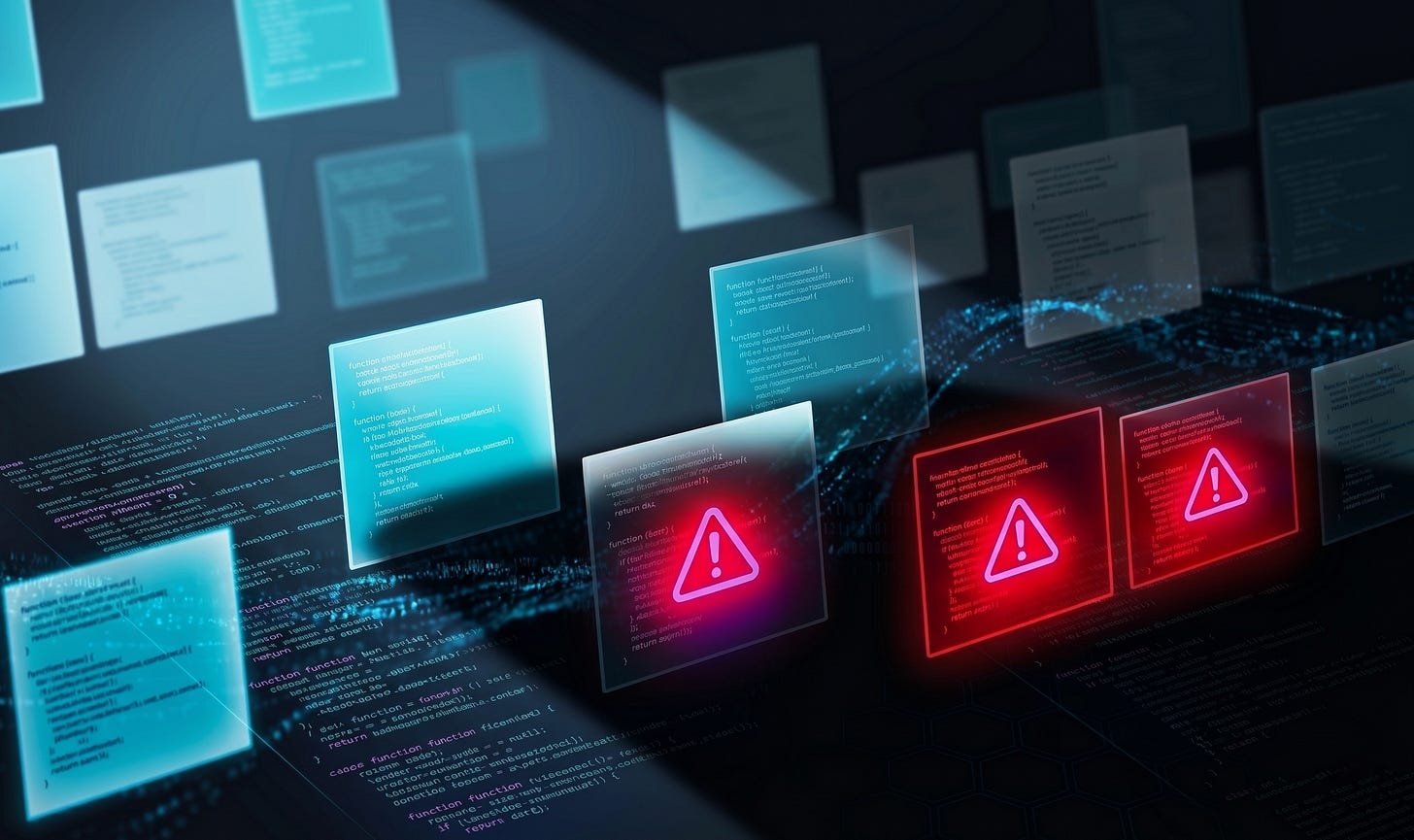 Windows of code, floating above a common code all interlinked but some windows flash red, implying unauthorised code Windows of code, floating above a common code all interlinked but some windows flash red, implying unauthorised code