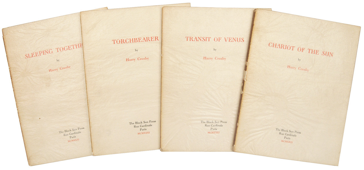 Four books with cream covers and titles in ink: sleeping together; torchbearer; transit of venus; and chariot of the sun. Four books with cream covers and titles in ink: sleeping together; torchbearer; transit of venus; and chariot of the sun.