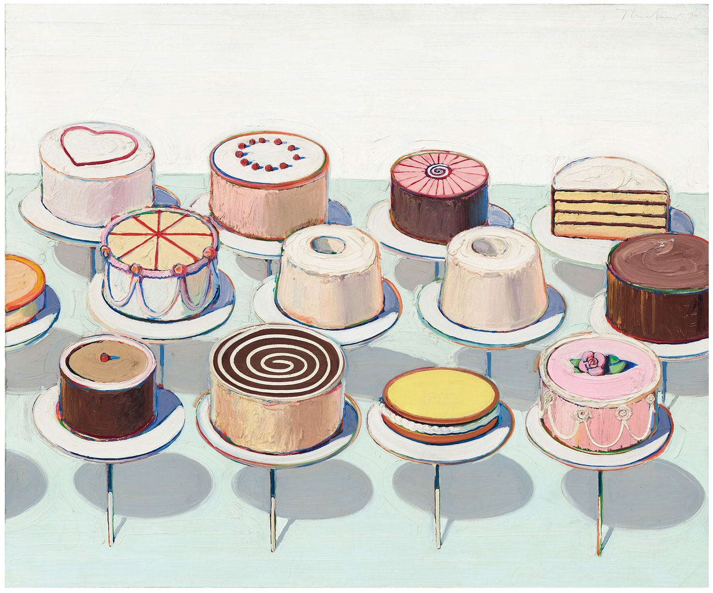 Wayne Thiebaud, Cakes, 1963. Oil on canvas, 60 x 72 inches. Collection of the National Gallery of Art, Washington, D.C. Wayne Thiebaud, Cakes, 1963. Oil on canvas, 60 x 72 inches. Collection of the National Gallery of Art, Washington, D.C.