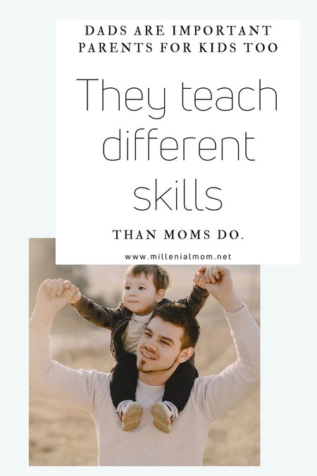 Picture of a child on father's shoulders with text that reads, "Dads are important parents for kids too, they teach different skills than moms do."