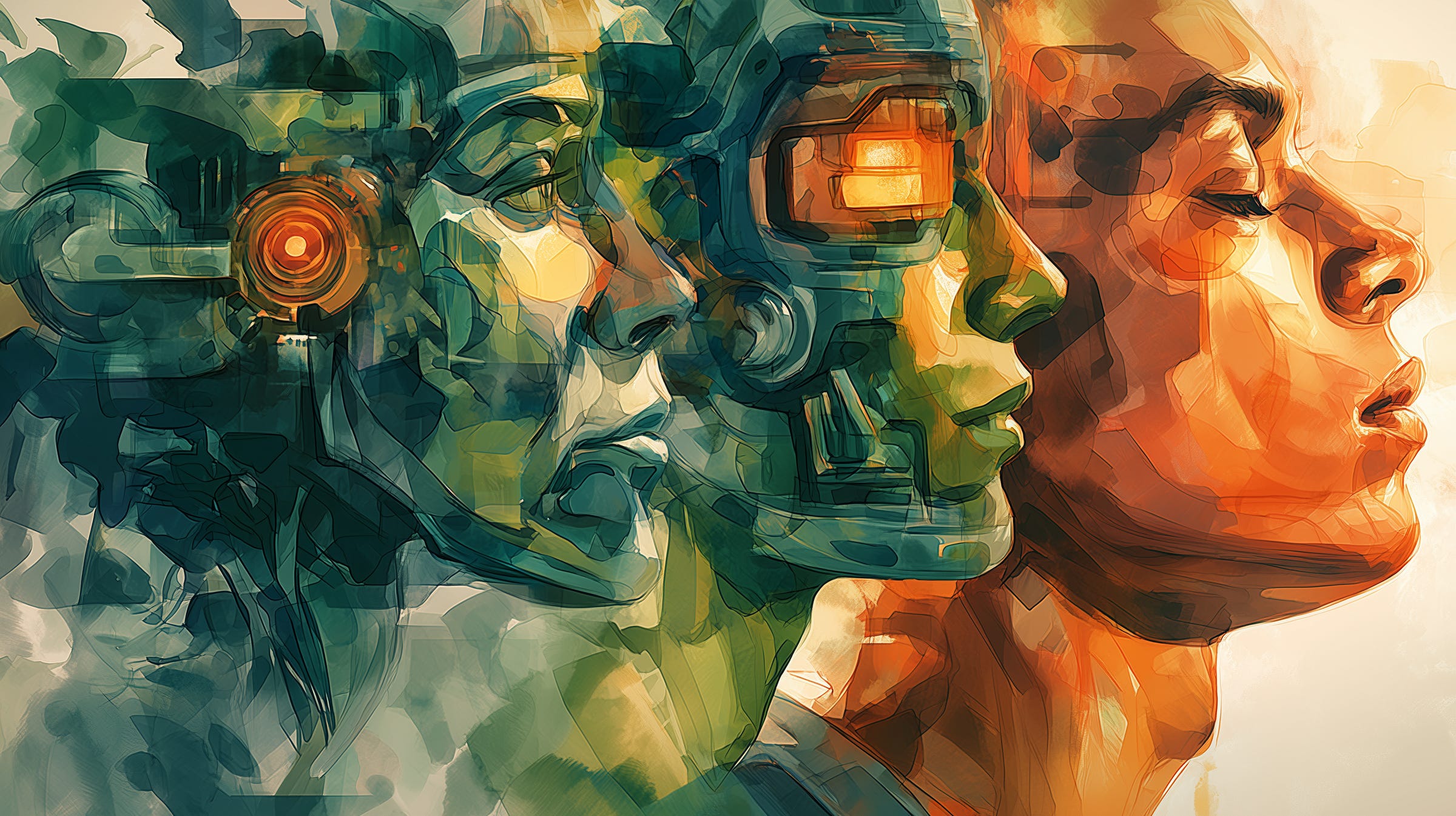 Editorial illustration, a person in side profile. From their head emanate ghostly outlines of iconic AI machines: HAL 9000's red eye, a Terminator T-800 endoskeleton, the robot Maria from Metropolis, a Cylon centurion, R2-D2. The figures radiate outward like layers of thought. Flat design, two-tone color scheme, negative space, print editorial style