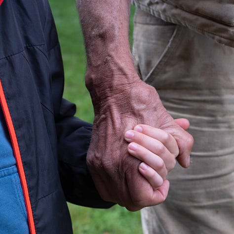 Triptych: Mens hands - Resting in lap, holding a child's hand, shucking oysters