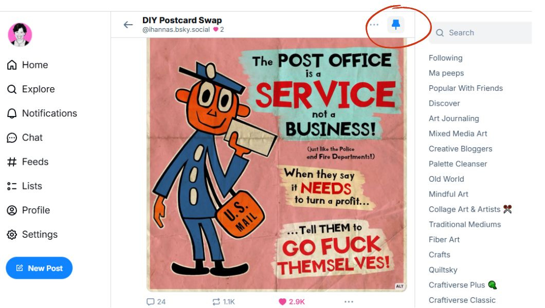 A screen grab of the DIY Postcard Swap feed by ihannas on Bluesky, with the pin symbol circled to show how to save it to your profile if you have an account.