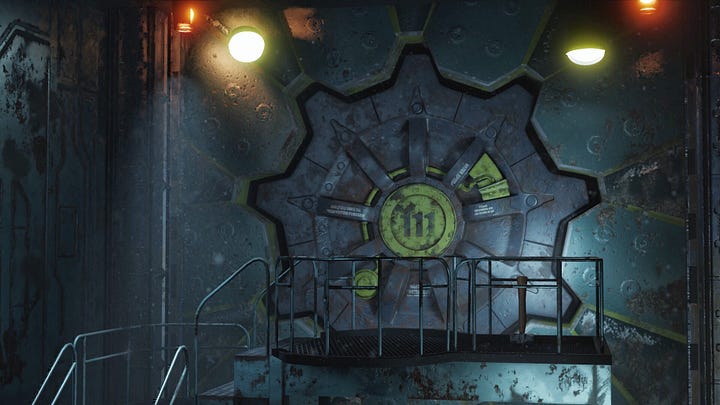 Imagens dos jogos da franquia Fallout demonstrando como são as entradas das vaults iniciais do jogo. Também há uma foto de uma mulher usando um macacão da vault 11, com um 11 bem grande em amarelo escrito sobre o macacão azul.