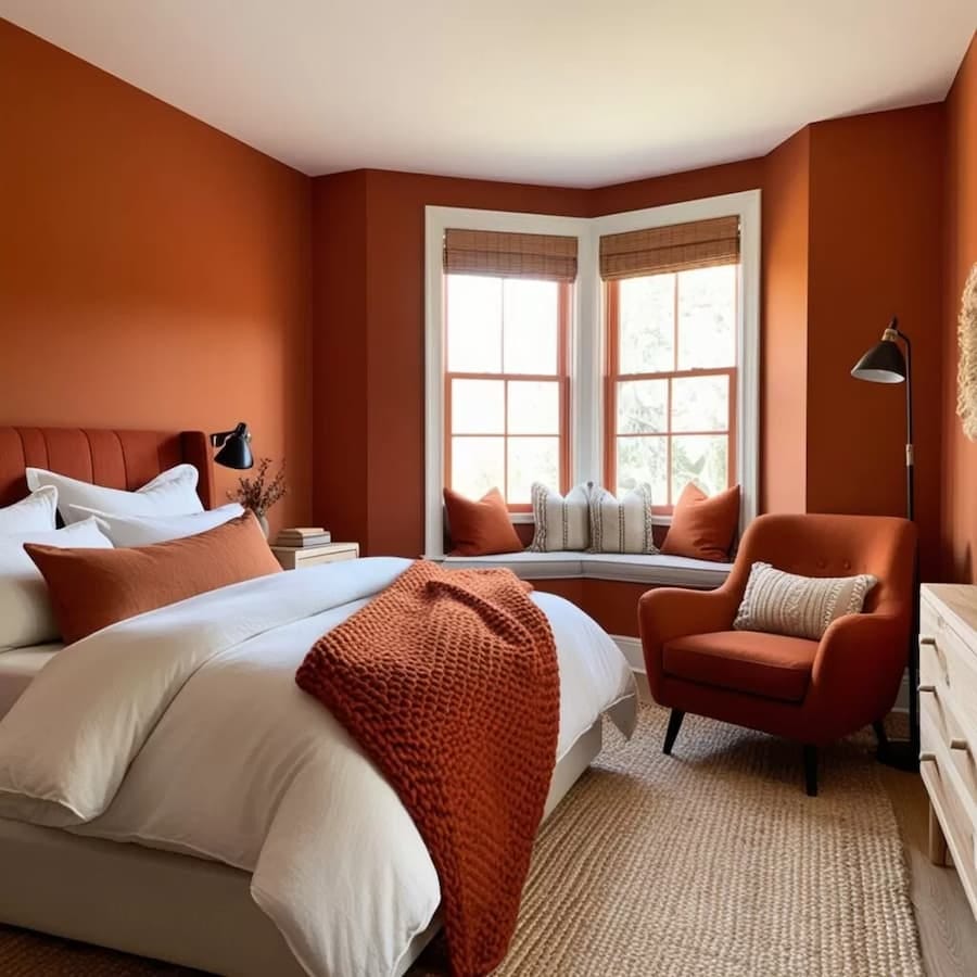 orange painted bedroom walls contrasted with off-white and oatmeal orange painted bedroom walls contrasted with off-white and oatmeal
