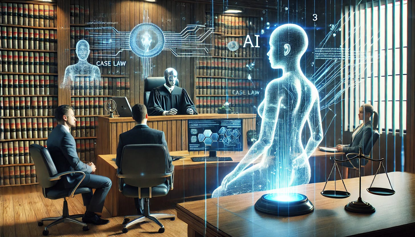 A modern courtroom with a judge's bench in the background, but instead of a traditional judge, a futuristic AI hologram is presiding. The AI appears as a transparent, glowing figure with digital data streams flowing around it. In the foreground, a lawyer and a parent are engaged in a discussion, while a screen displays an AI-driven legal analysis with case law references. The atmosphere is professional and high-tech, symbolizing the integration of AI in family court decisions.