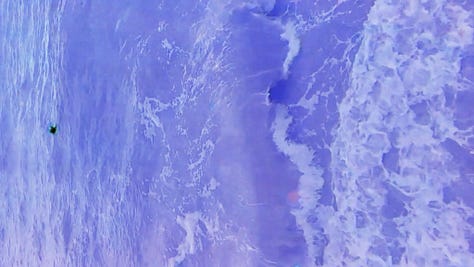 A group of nine composite images with themes that include the ocea, closeups of sand and wide shots of beaches, waves crashing in various directions, a pocket watch, the full moon, trees and nature, blue amoeba-like specs, and a person crouching on the beach. The images span from textured and grainy 8mm to high-definition and more smooth.