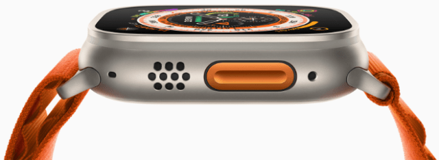 Apple Watch Ultra features a new customizable Action button in high-contrast international orange that gives users quick physical control for a range of functions.