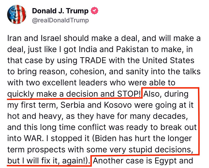 Trump claims credit for preventing war between Serbia and Kosovo during his first term, blaming Biden for "very stupid decisions" that he vows to fix it.