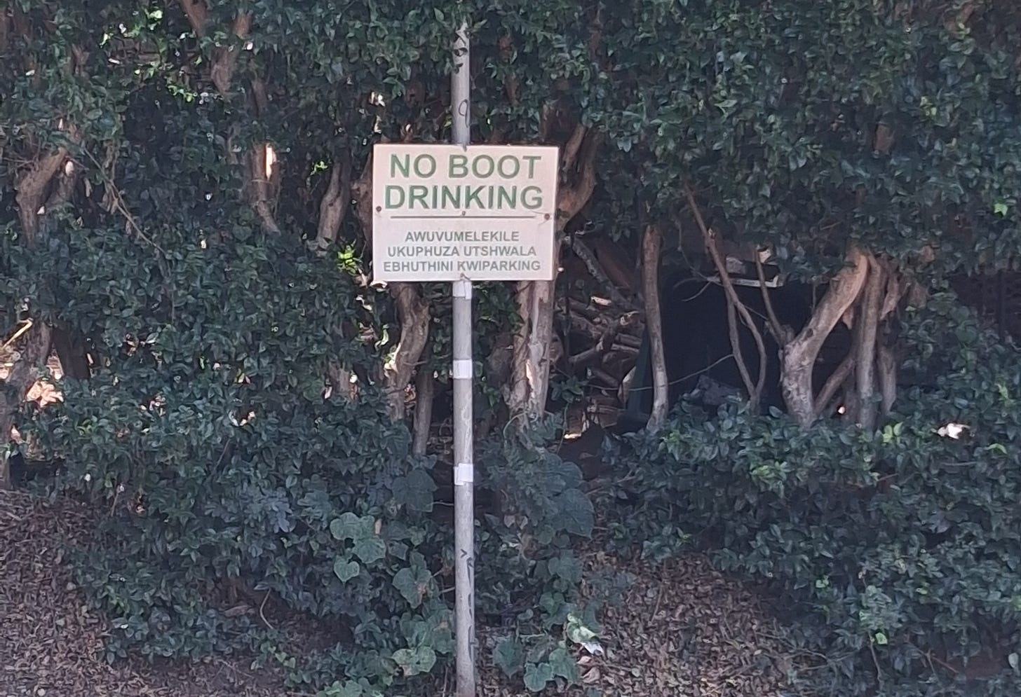 a sign saying NO BOOT DRINKING - AWUVUMELEKILE UKUPHUZA UTSHWALA EBHUTHINI KWIPARKING a sign saying NO BOOT DRINKING - AWUVUMELEKILE UKUPHUZA UTSHWALA EBHUTHINI KWIPARKING