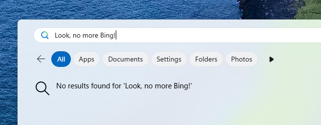 Bing search results removed from Windows 11's Start menu.