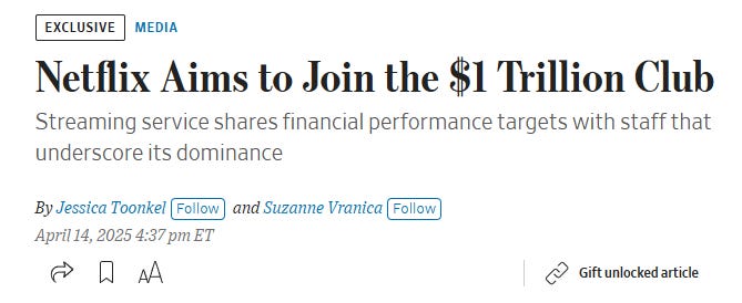 According to the WSJ, Netflix $NFLX is aiming to hit a $1 TRILLION MARKET CAP, $9 BILLION IN AD REVENUE, and DOUBLE ITS TOTAL REVENUE BY 2030. The streamer also wants to According to the WSJ, Netflix $NFLX is aiming to hit a $1 TRILLION MARKET CAP, $9 BILLION IN AD REVENUE, and DOUBLE ITS TOTAL REVENUE BY 2030. The streamer also wants to