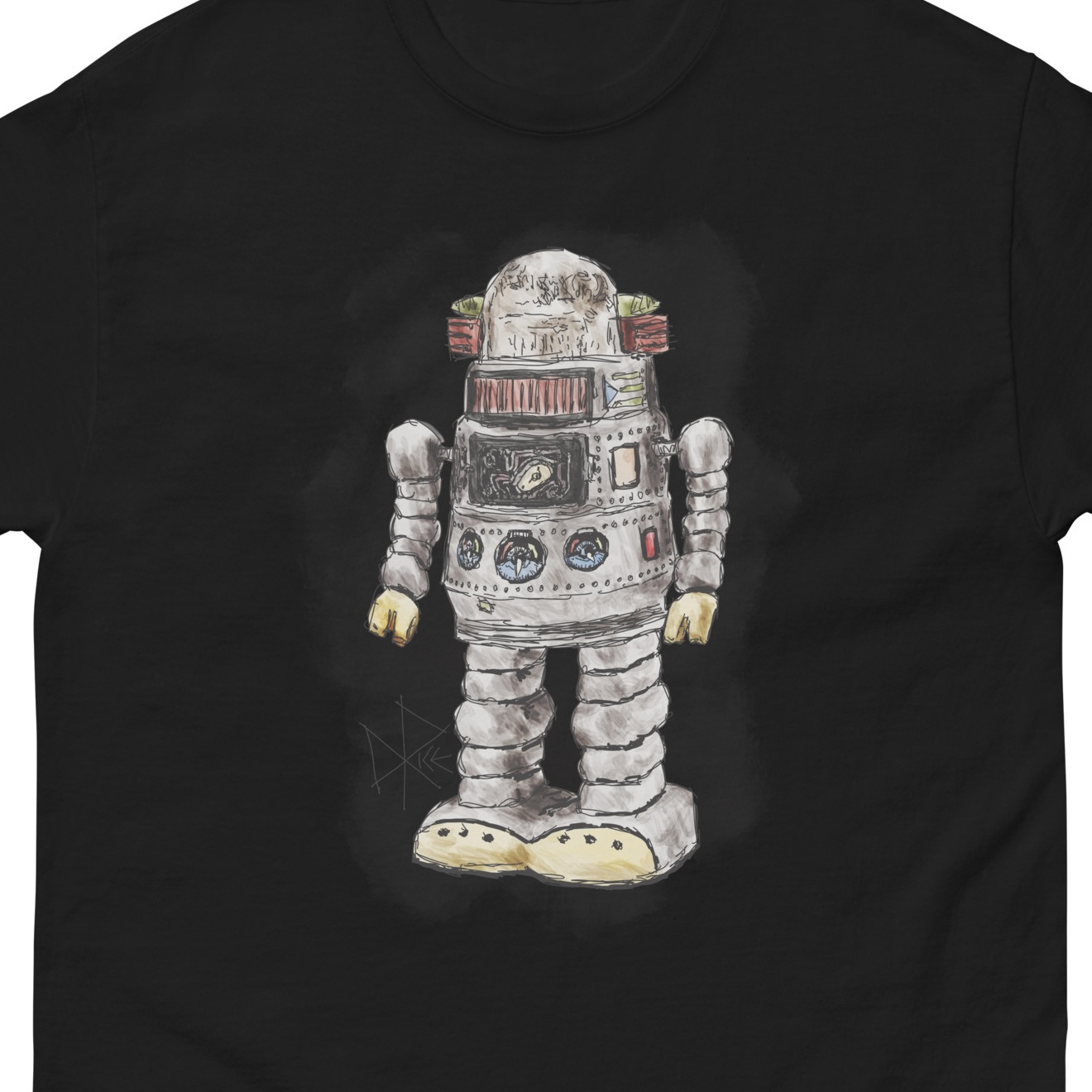 A tin toy robot, inspired by the enduring popular culture icon ‘Robby the Robot’ from the 1956 film Forbidden Planet, and reused in numerous later film and television productions. Sketch art by Don Rice. A tin toy robot, inspired by the enduring popular culture icon ‘Robby the Robot’ from the 1956 film Forbidden Planet, and reused in numerous later film and television productions. Sketch art by Don Rice.
