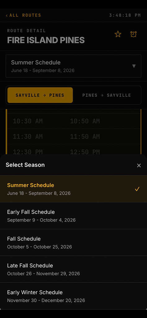 Screenshots of Boatload, a dark-mode app with gold accents. The home screen shows the next departures to Fire Island Pines and Cherry Grove with a countdown. Other screens show schedules by day and season, a Labor Day schedule-change alert, ferry reminders, and the app menu.