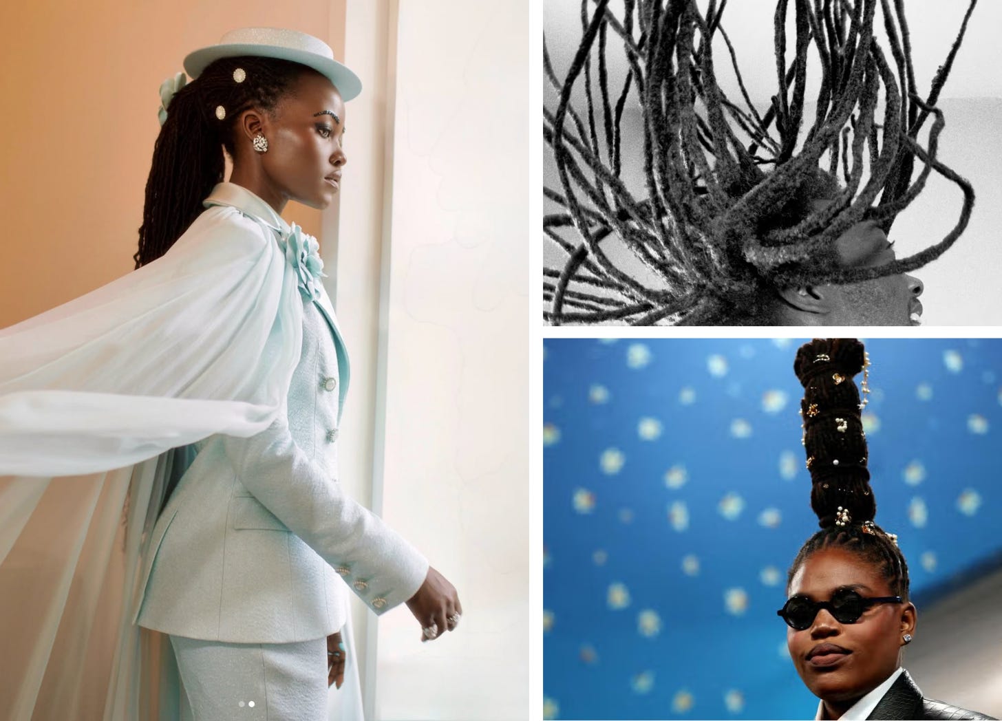 Lupita Nyong’o wearing locs with pearls and a powder blue suit; archival photo of locs flying upward; Jonquel Jones wearing tall stacked locs adorned with gold accessories. Lupita Nyong’o wearing locs with pearls and a powder blue suit; archival photo of locs flying upward; Jonquel Jones wearing tall stacked locs adorned with gold accessories.