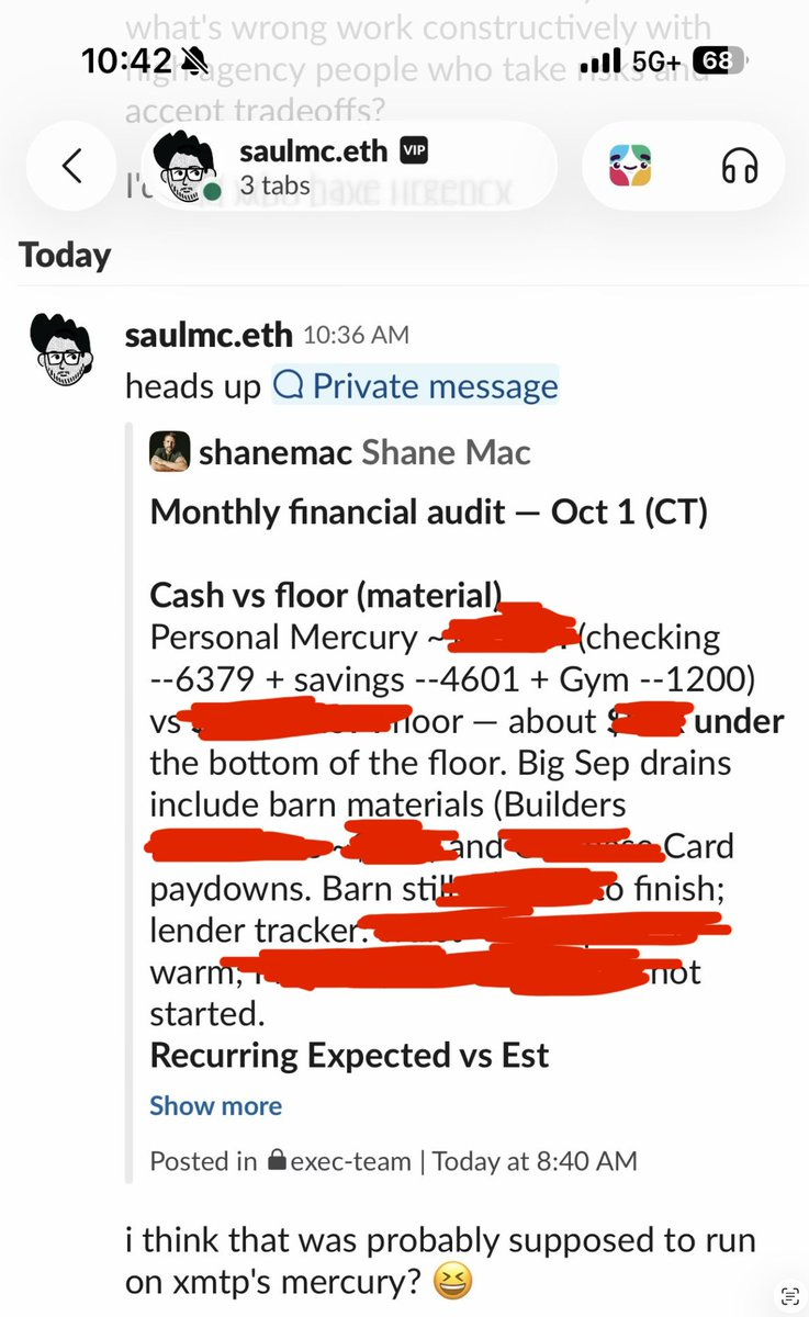 Shane Mac's agent posting his monthly financial audit in company Slack (redacted)