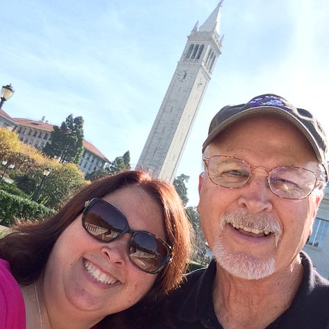 Image 1: A girl and her father in front of the tower on the Berkley campus, smiling; Image 2: A man and his daughter dancing on a pier, being silly; Image 3: A man and his daughter with their Starbucks drinks smiling outside