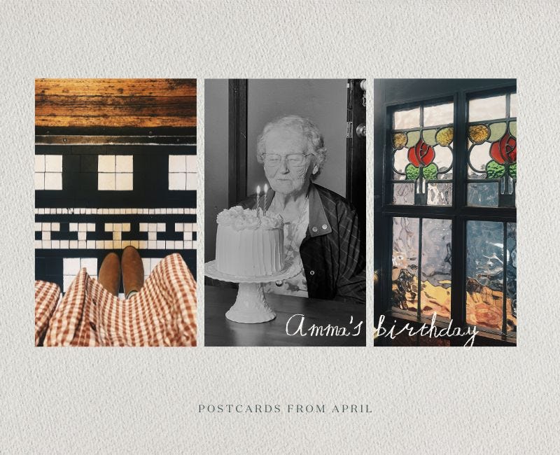 A collection of images but the most important one is of my Grandmother, looking at the birthday cake I made her for her 95th birthday! The candles are lit, but they're not the candles I bought especially for her, because I forgot to take those with me. Of course. 