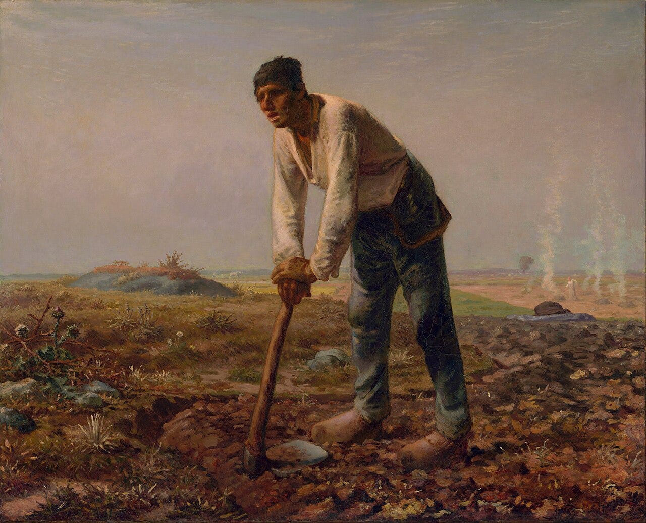 Jean Francois Millet, The Man with a Hoe, a peasant leaning on a hoe Jean Francois Millet, The Man with a Hoe, a peasant leaning on a hoe