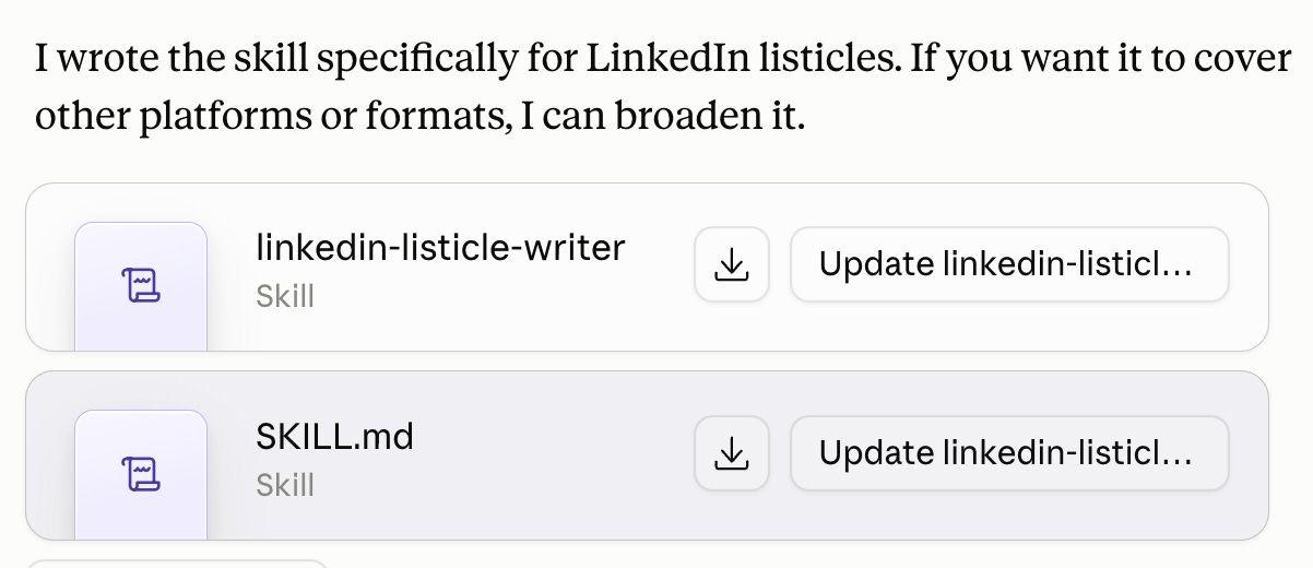 Claude Cowork shows an existing LinkedIn writing skill with an Update button and a download button.