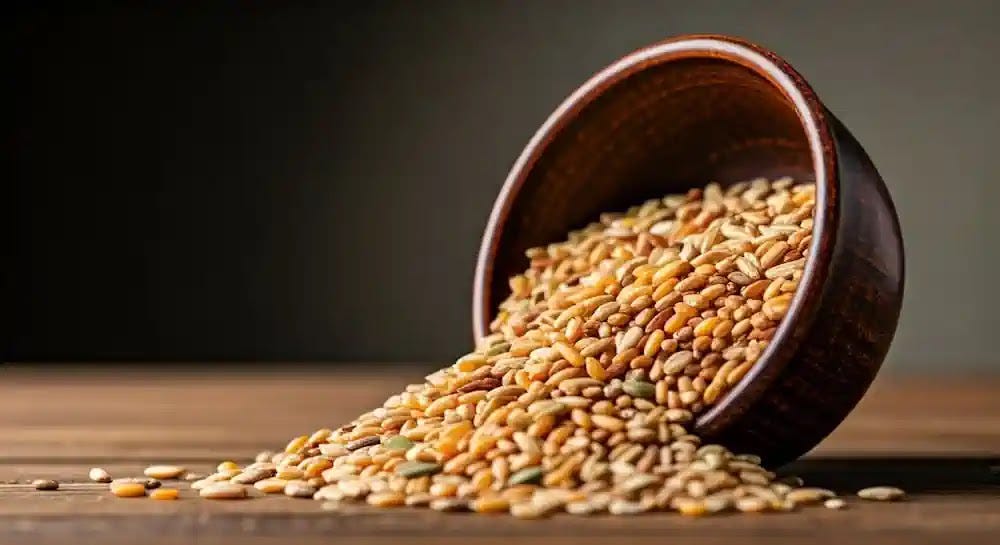 A colorful bowl overflowing with a variety of whole grains