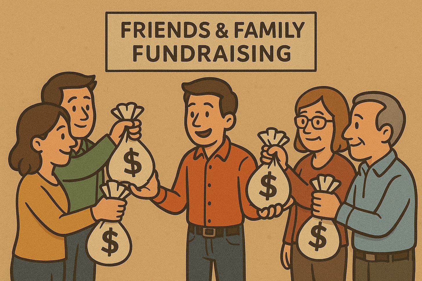 Friends and relatives handing money bags to a founder—friends-and-family fundraising for a startup.