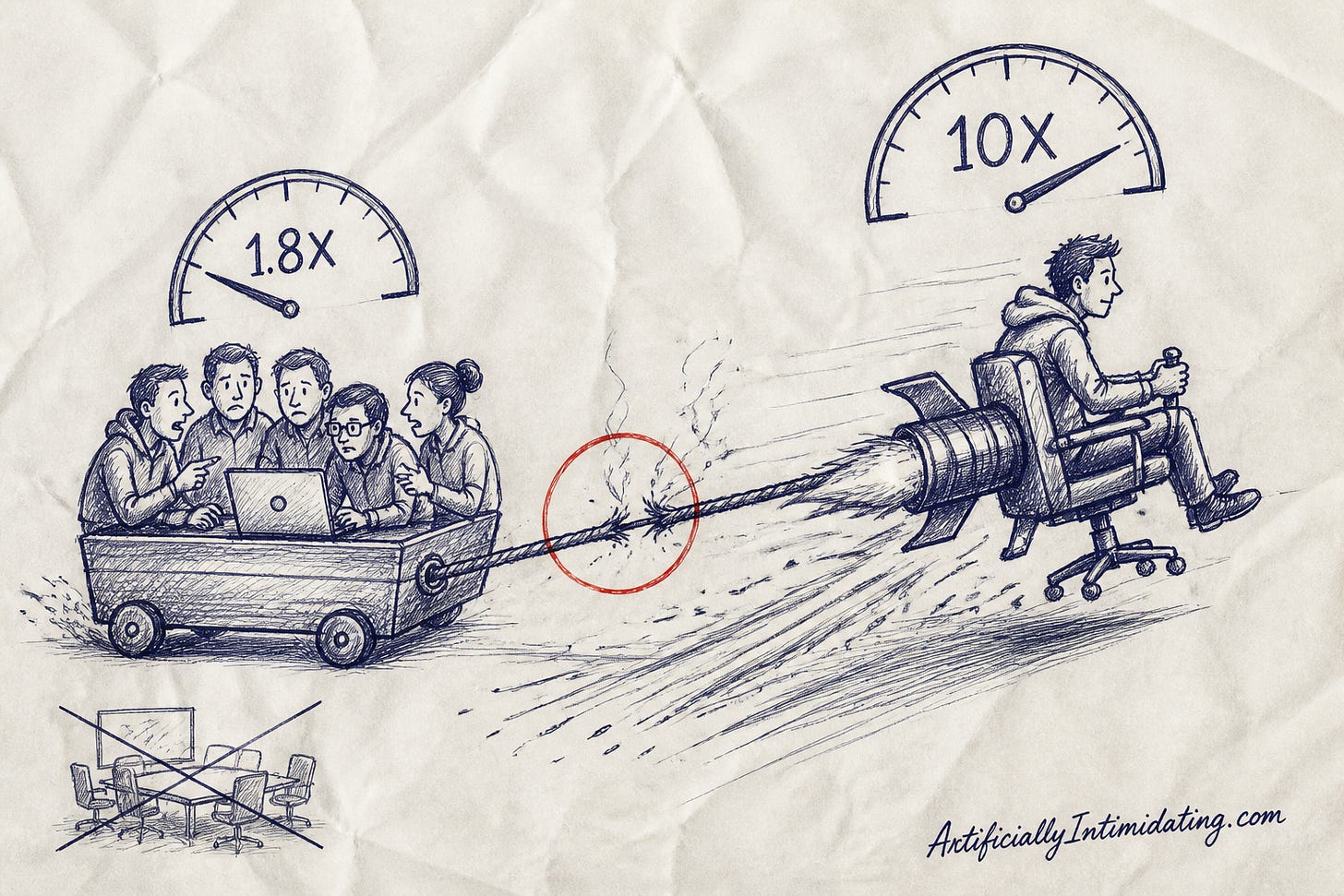 One person rides a rocket-powered office chair, trailing sparks under a gauge reading 10X, tethered by a smoking rope to a wagon carrying five coworkers arguing around a laptop under a gauge reading 1.8X.