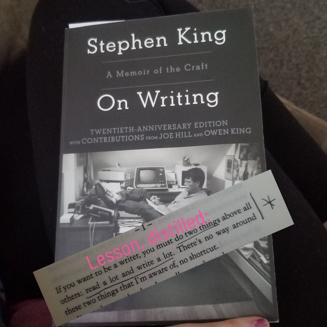 Stephen King's memoir, On Writing, rests atop a lap. A text screenshot (see caption) is atop the cover. Stephen King's memoir, On Writing, rests atop a lap. A text screenshot (see caption) is atop the cover.