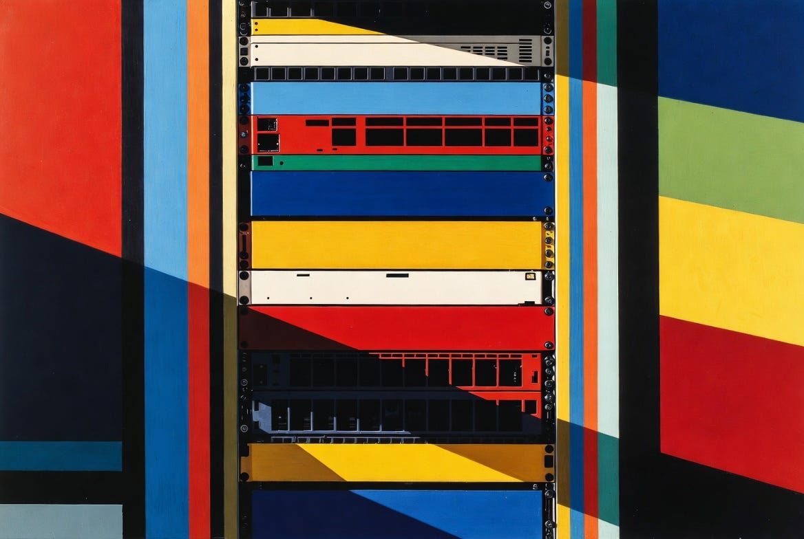 A geometric abstraction of a server rack in Guido Molinari's hard-edge painting style.