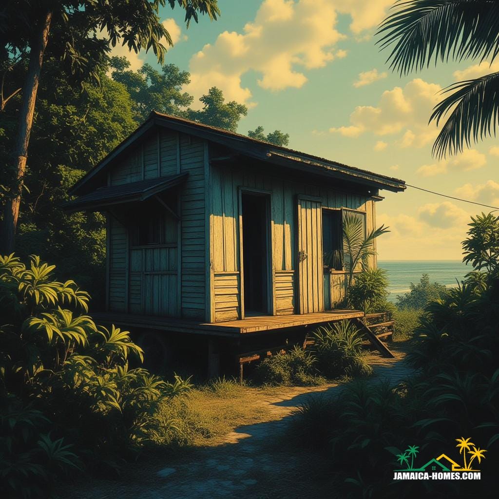A rustic, weathered, tiny house, 500 square feet or smaller, built on a trailer, nestled among lush Jamaican foliage, Caribbean coastline in the background, with a warm, golden light casting a cinematic glow