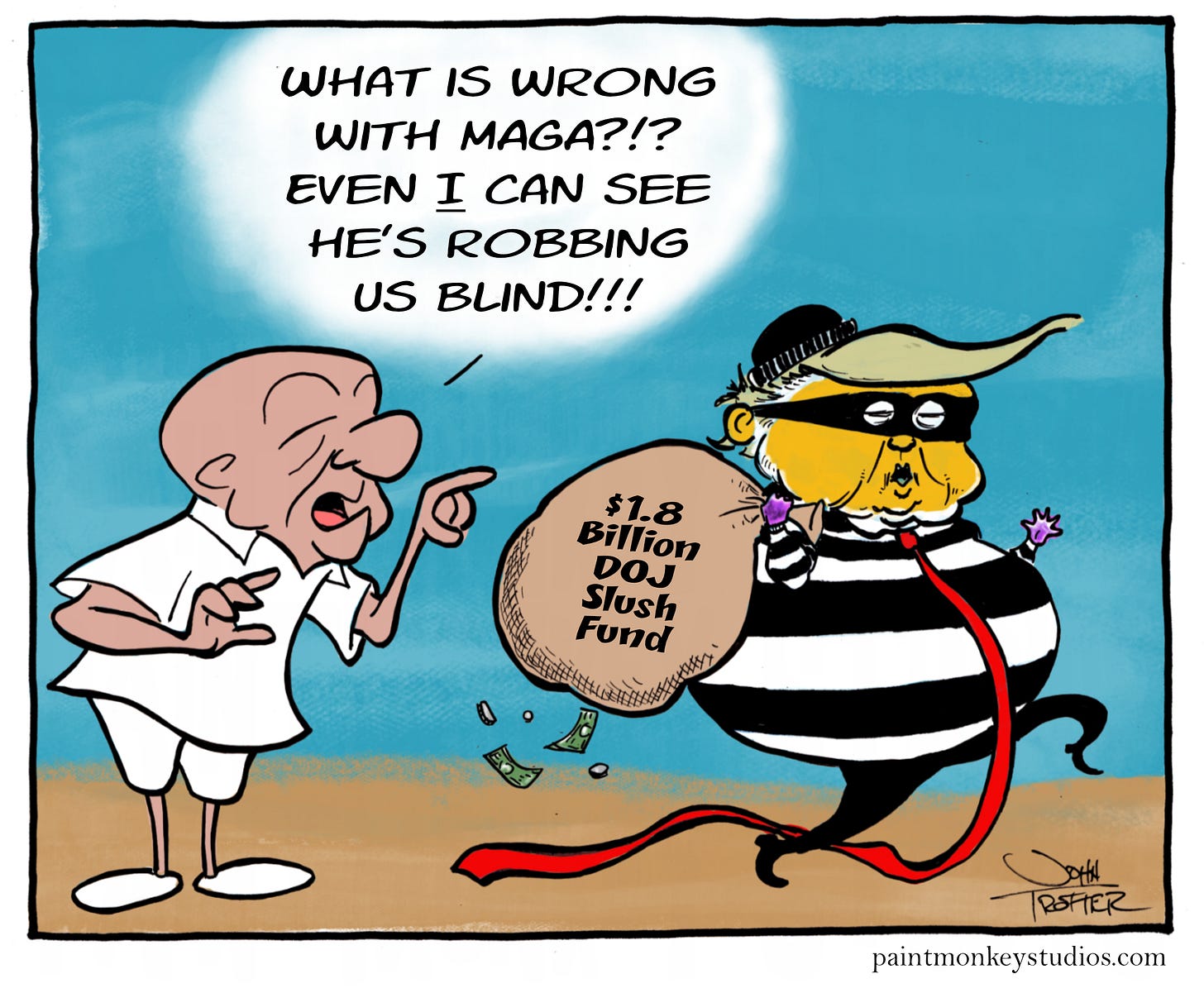 Ink and digital cartoon of Mr. Magoo pointing out that thief trump is actually stealing from all of us.