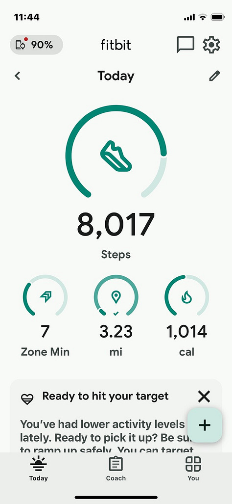 photos of the yard when I was just getting started and my step count on my Fitbit.