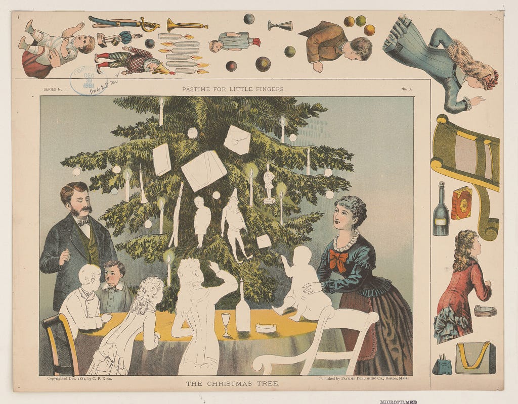 Color chromolithograph from 1881 showing a family gathered around a dining table with a decorated Christmas tree in the background. Children lean forward eagerly while adults supervise. Cut-out toy figures are printed along the top and side margins.