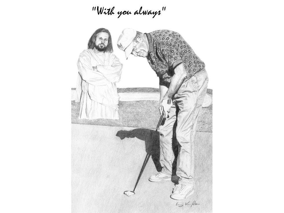 Jesus watching a dude play golf Jesus watching a dude play golf