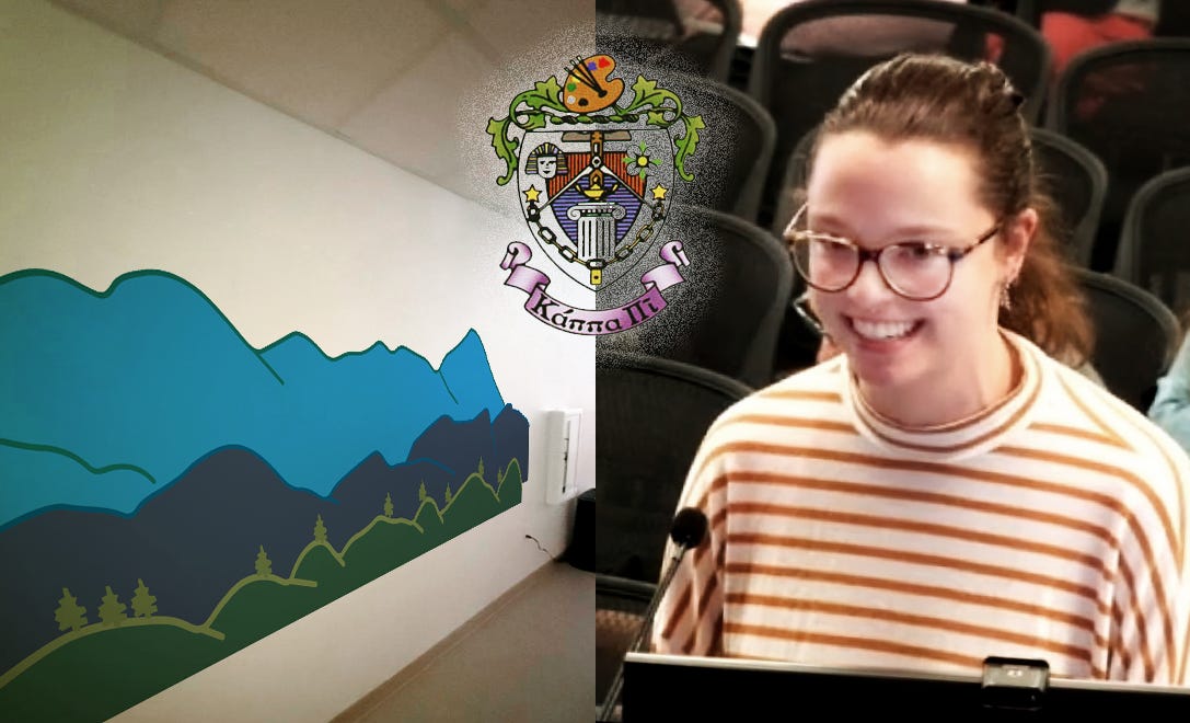 Image divided in half: on the left is a photograph of a blank wall overlaid with a blue and green drawing of a mountain, on the right is a photograph of a young woman standing at a podium. The crest of Kappa Pi is overlaid over the center.