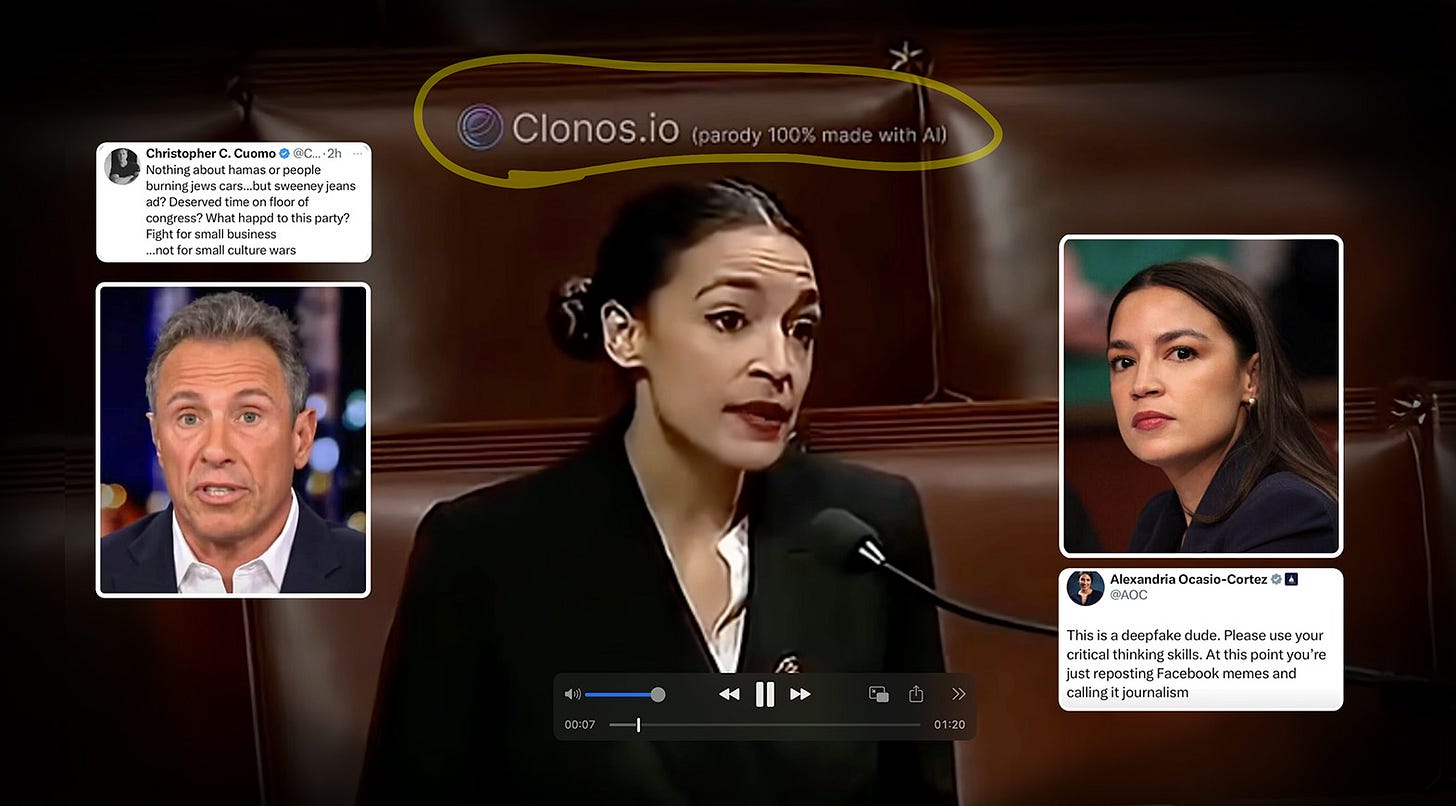 AI-generated deepfake video of Rep. Alexandria Ocasio-Cortez speaking on the House floor, watermarked “Clonos.io (parody 100% made with AI).” Inset images show Chris Cuomo, who was fooled by the clip, and Ocasio-Cortez responding on social media: “This is a deepfake dude. Please use your critical thinking skills. At this point you’re just reposting Facebook memes and calling it journalism.”