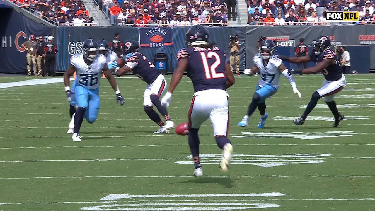 Chicago Bears wide receiver Velus Jones Jr. muffs his kick-return attempt  for Tennessee Titans fumble recovery
