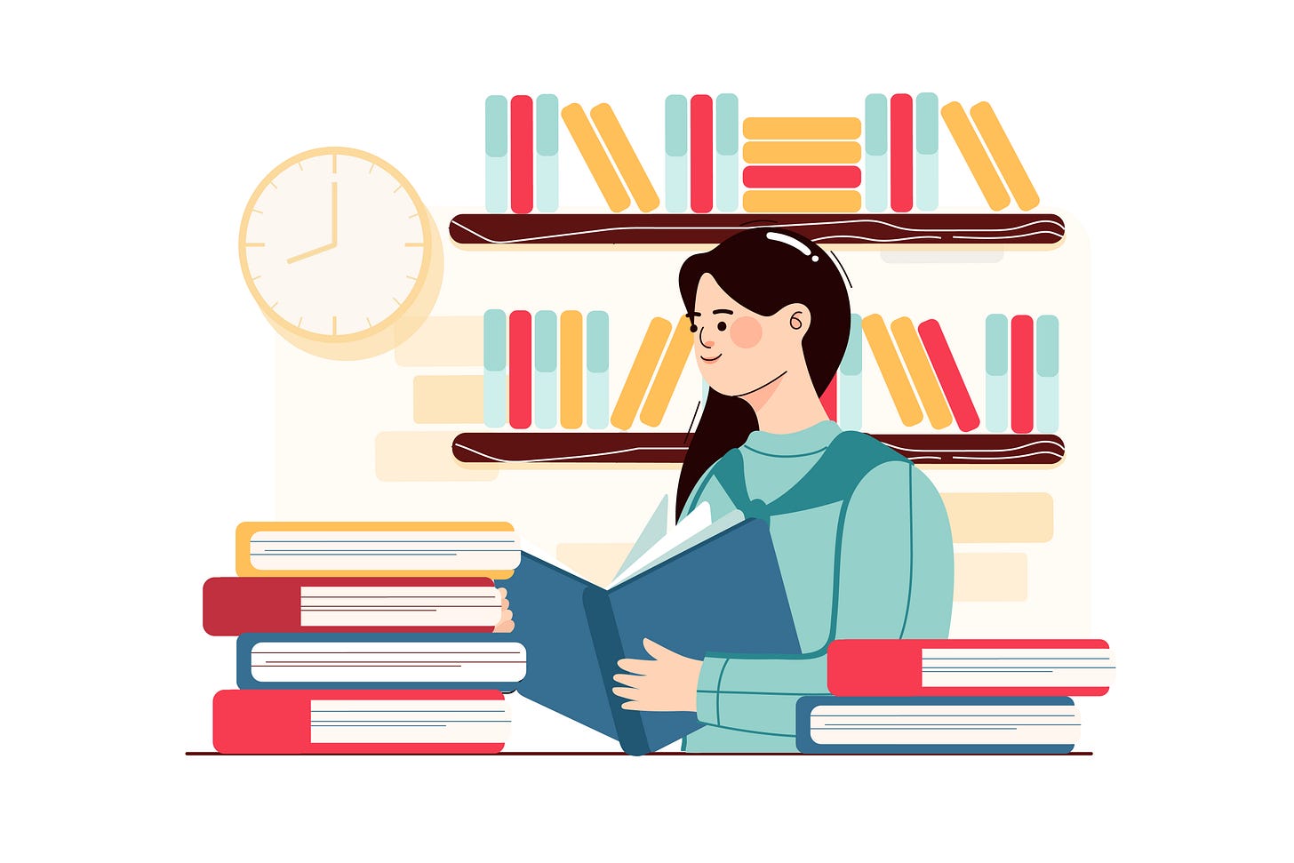 Illustration of woman looking through stack of books in bookstore
