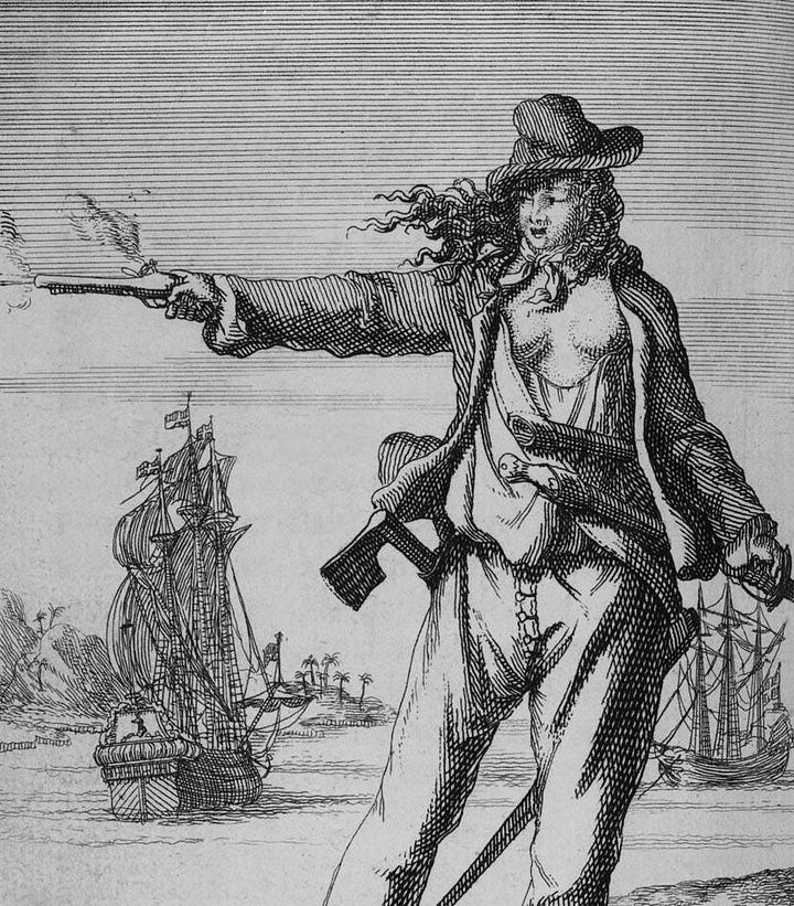 Famous female pirates Anne Bonny and Mary Read from old prints. Anne Bonney is bare chested.