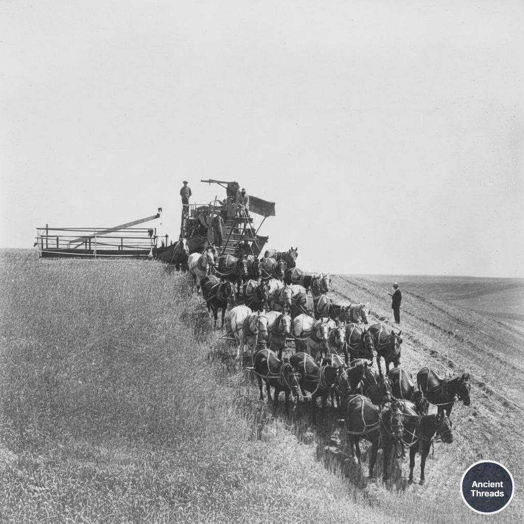 A powerful 30-horsepower combine grain thresher efficiently at work in Washington, USA, 1912, showcasing early agricultural mechanization.