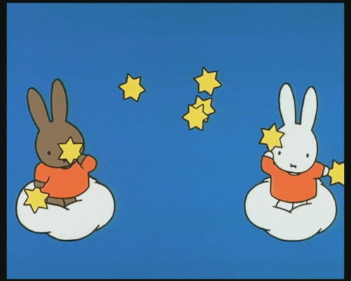 two cartoon rabbits are sitting on clouds and holding stars