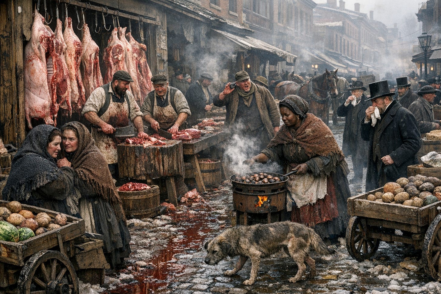 Image prompt: Bustling 1865 Fifth Street Market in Cincinnati on a cold December morning, cobblestone street slick with ice and animal blood running in dark rivulets toward gutters, massive pork carcasses hanging from iron hooks outside butcher stalls showing realistic marbling and fat, authentic period butchers in bloodstained aprons with rolled sleeves showing muscular forearms and weathered hands wielding cleavers, German women in heavy wool shawls and authentic 1860s workingclass dress with realistic facial features including broken capillaries from cold and workworn expressions, Black chestnut vendor woman in periodaccurate clothing with realistic skin tones and authentic facial structure tending smoking brazier, Irish vendors with periodaccurate features including authentic teeth conditions and ruddy complexions shouting and gesturing, wooden carts and barrels filled with root vegetables showing realistic dirt and imperfections, stray mongrel dog with matted fur and visible ribs, welldressed gentlemen in authentic 1860s top hats and overcoats holding handkerchiefs with realistic period fabric textures, horsedrawn drays in background with authentic harness details, steam and smoke mixing with fog, realistic period architecture with brick buildings and wooden shop fronts showing weather damage, photorealistic crowd with authentic 1865 ethnic diversity, genuine period poverty and wealth contrasts, realistic grime, mud, and organic waste on cobblestones, harsh winter morning light..png Image prompt: Bustling 1865 Fifth Street Market in Cincinnati on a cold December morning, cobblestone street slick with ice and animal blood running in dark rivulets toward gutters, massive pork carcasses hanging from iron hooks outside butcher stalls showing realistic marbling and fat, authentic period butchers in bloodstained aprons with rolled sleeves showing muscular forearms and weathered hands wielding cleavers, German women in heavy wool shawls and authentic 1860s workingclass dress with realistic facial features including broken capillaries from cold and workworn expressions, Black chestnut vendor woman in periodaccurate clothing with realistic skin tones and authentic facial structure tending smoking brazier, Irish vendors with periodaccurate features including authentic teeth conditions and ruddy complexions shouting and gesturing, wooden carts and barrels filled with root vegetables showing realistic dirt and imperfections, stray mongrel dog with matted fur and visible ribs, welldressed gentlemen in authentic 1860s top hats and overcoats holding handkerchiefs with realistic period fabric textures, horsedrawn drays in background with authentic harness details, steam and smoke mixing with fog, realistic period architecture with brick buildings and wooden shop fronts showing weather damage, photorealistic crowd with authentic 1865 ethnic diversity, genuine period poverty and wealth contrasts, realistic grime, mud, and organic waste on cobblestones, harsh winter morning light..png