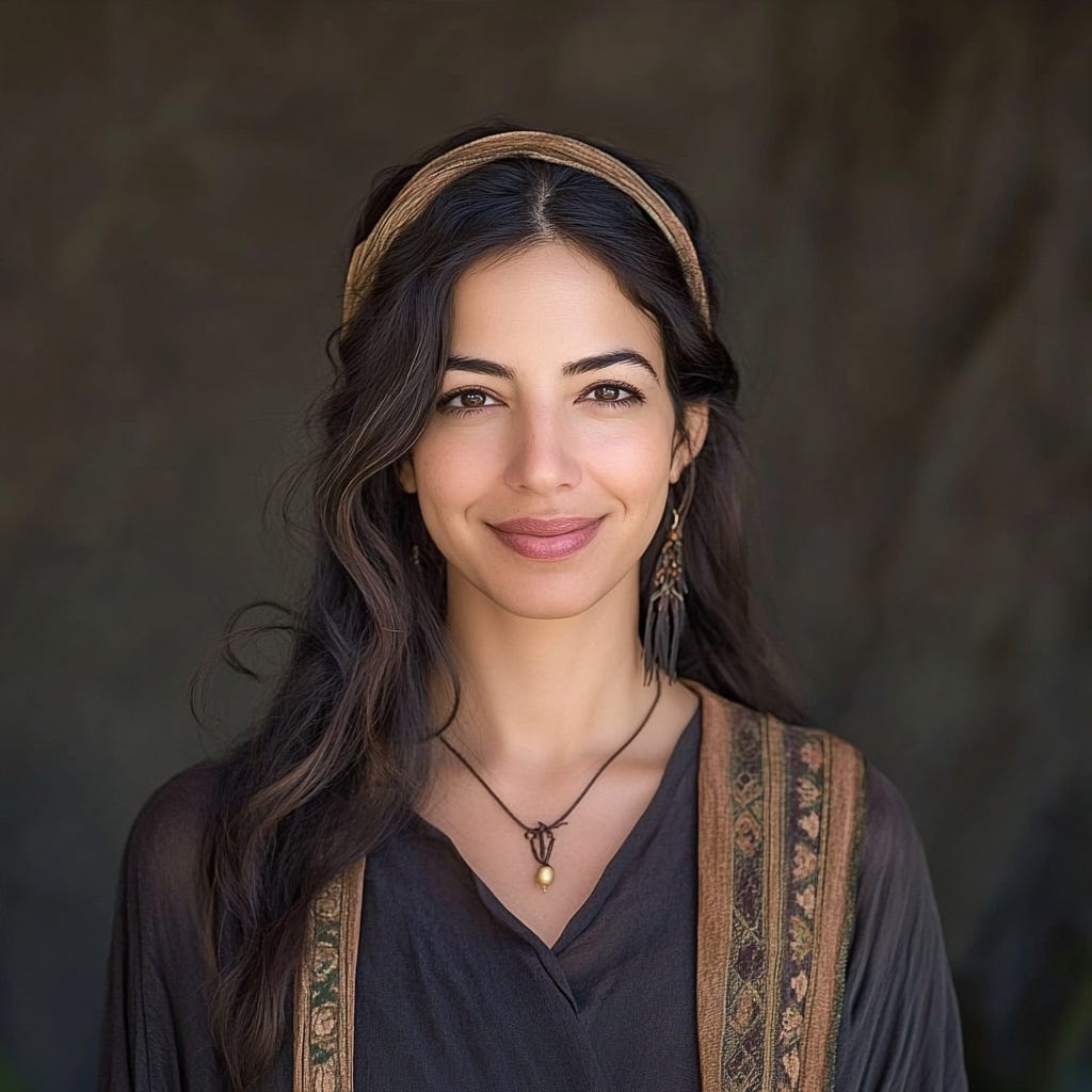 Liat Portal, reimagined by MidJourney. She has long, wavy dark hair and wears a brown headband. Her outfit is a dark, earth-toned blouse with embroidered details, paired with a delicate necklace and dangling earrings. She has a warm, confident smile and stands against a softly blurred background. Liat Portal, reimagined by MidJourney. She has long, wavy dark hair and wears a brown headband. Her outfit is a dark, earth-toned blouse with embroidered details, paired with a delicate necklace and dangling earrings. She has a warm, confident smile and stands against a softly blurred background.