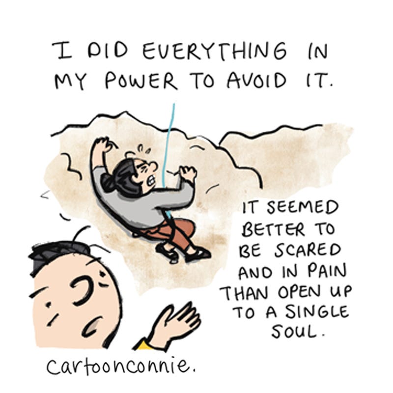 Panel 2 of a 8-panel autobiographical comic strip about the artist's experience with therapy and how much she resisted getting mental health support when she was younger. Titled "The World We Live In," 2026. Original art by Connie Sun, cartoonconnie. Panel 2 of a 8-panel autobiographical comic strip about the artist's experience with therapy and how much she resisted getting mental health support when she was younger. Titled "The World We Live In," 2026. Original art by Connie Sun, cartoonconnie.