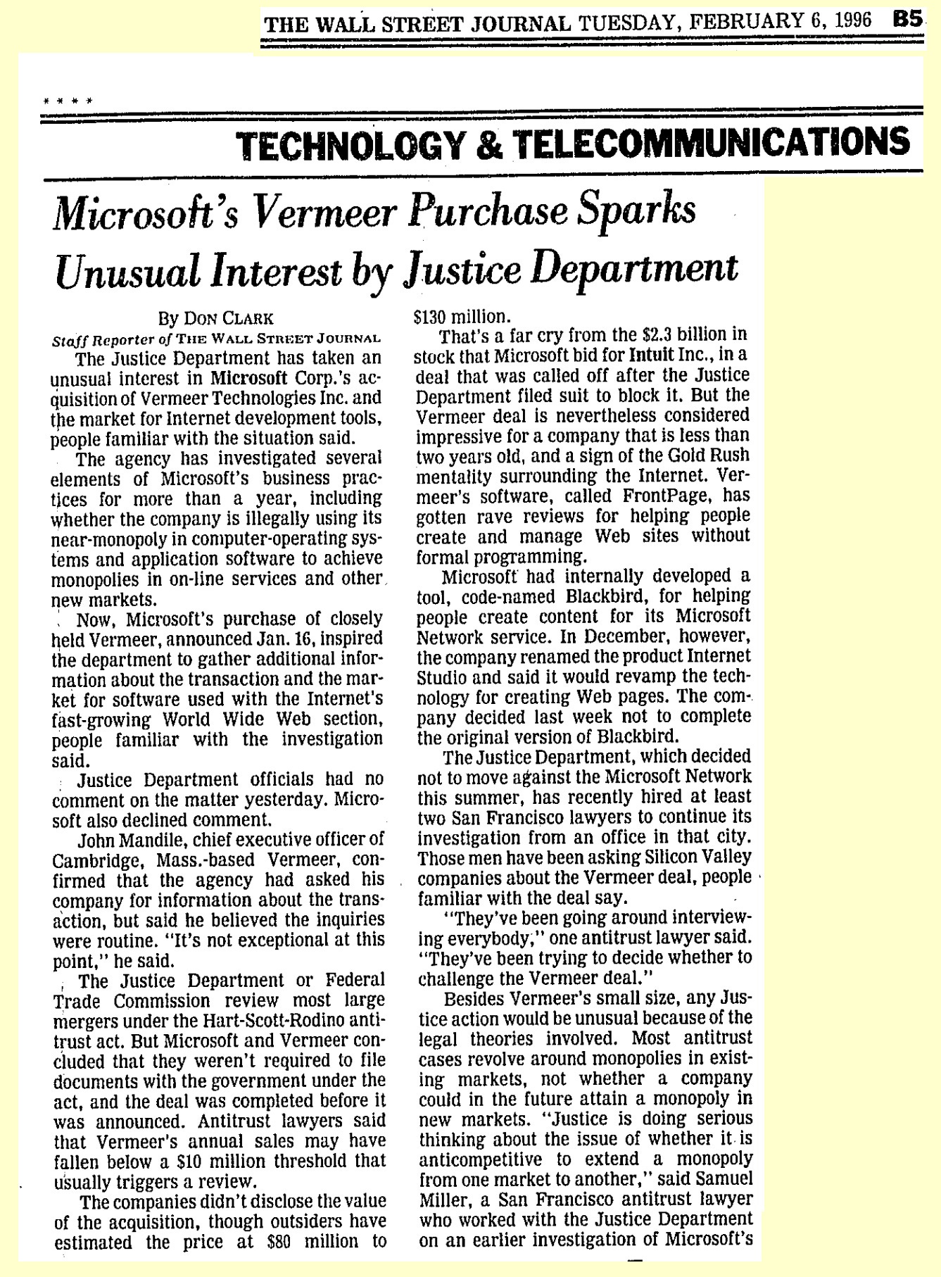 Microsoft's Vermeer Purchase Sparks Unusual Interest by Justice Department