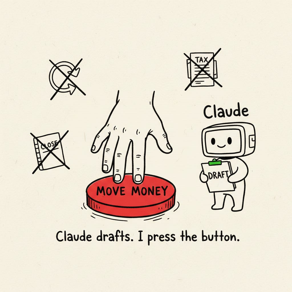 Claude drafts. I press the button.