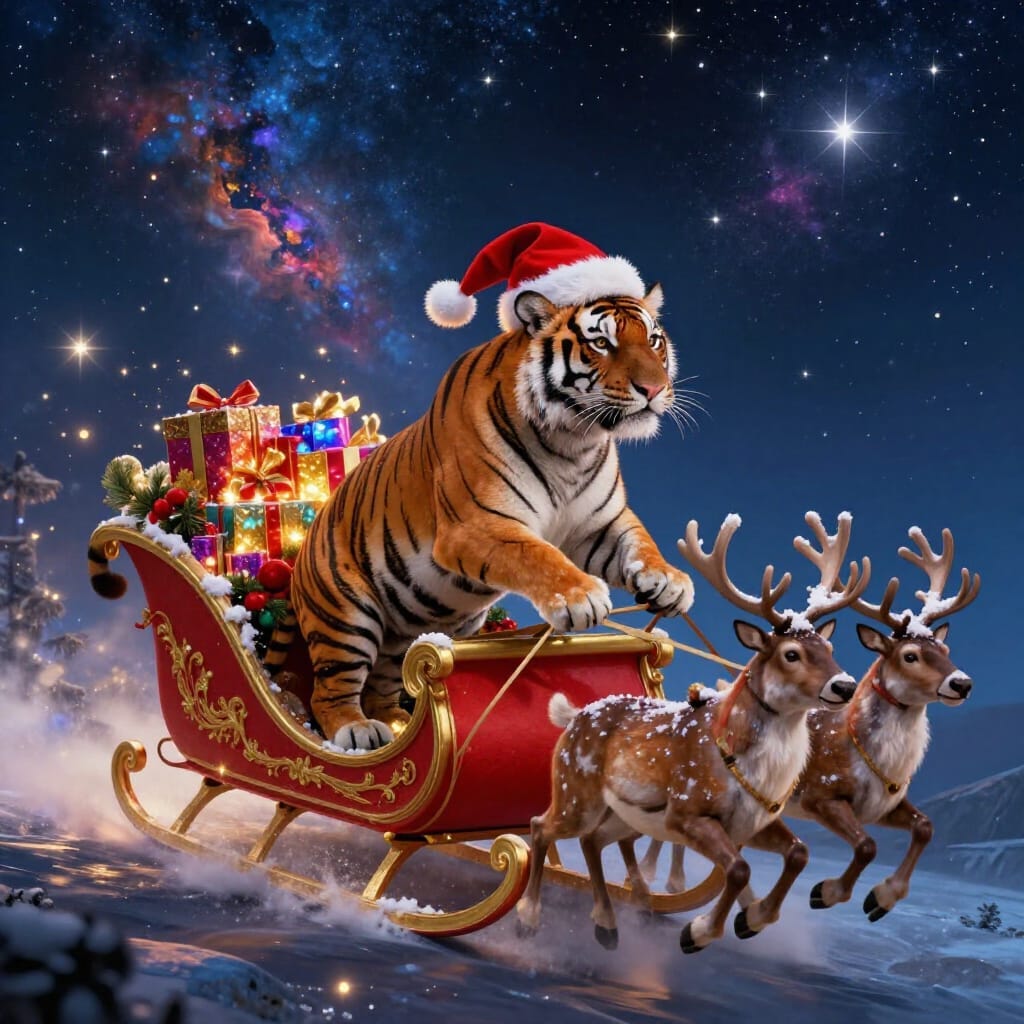 Tiger riding Santa's sleigh Tiger riding Santa's sleigh