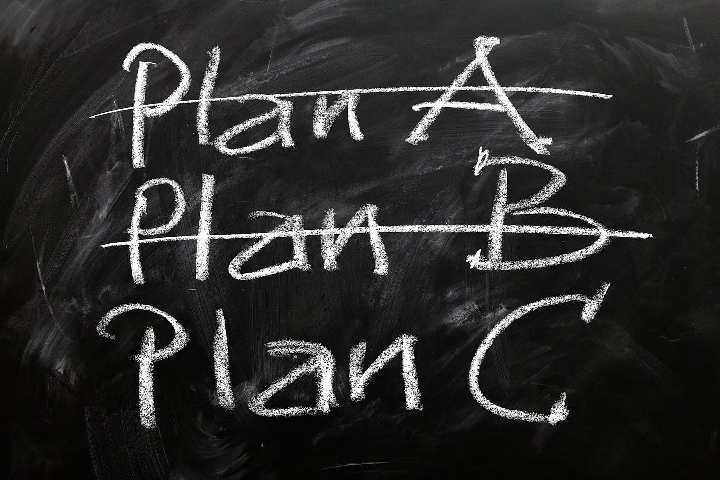 A chalk board with the words "Plan A," "Plan B," and "Plan C" written on it. Plans A and B are crossed out.