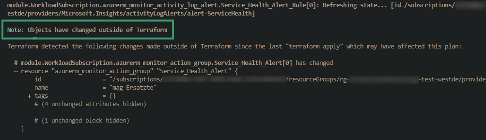 Beispielausgabe terraform plan -refresh-only in einer Konsole mit schwarzen hintergrund und weißer Schrift Beispielausgabe terraform plan -refresh-only in einer Konsole mit schwarzen hintergrund und weißer Schrift